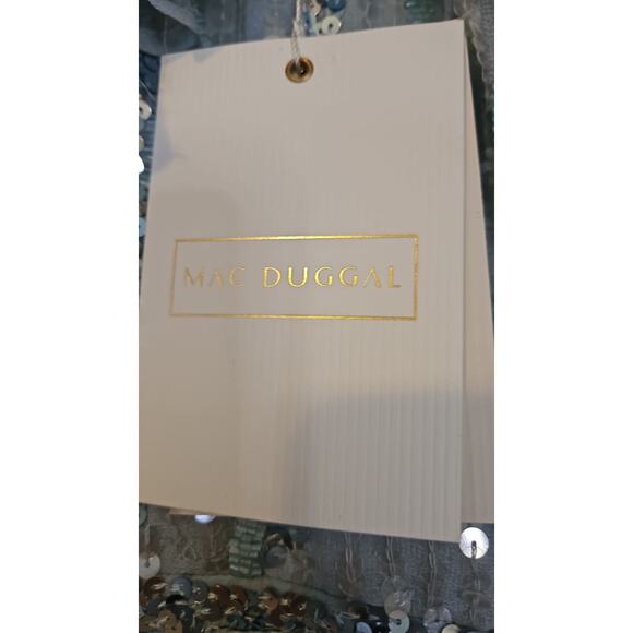 Mac Duggal Sequined V-Neck Flutter Sleeve Tea-Length Dress - Picture 6 of 7